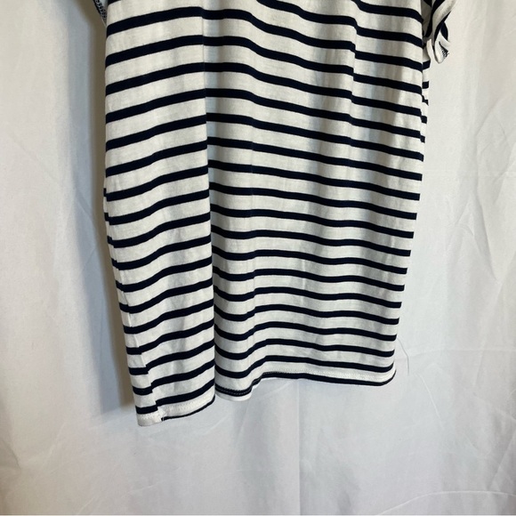 GREEN ENVELOPE Women’s White Shirt Navy Stripe Ruffle Sleeve Round Neck Medium - Picture 9 of 9